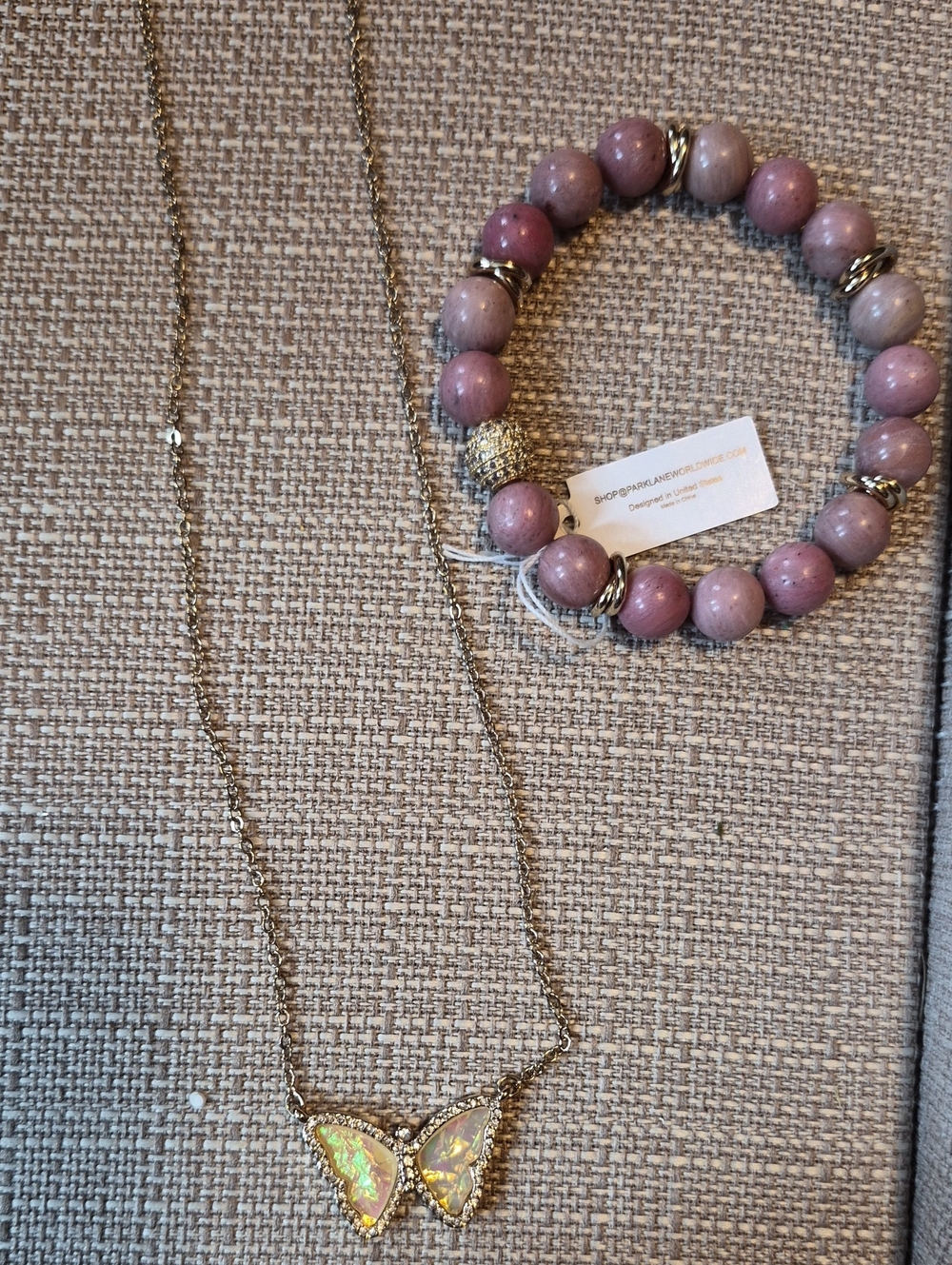 Park Lane Gold Butterfly Necklace with Pink Beaded Bracelet